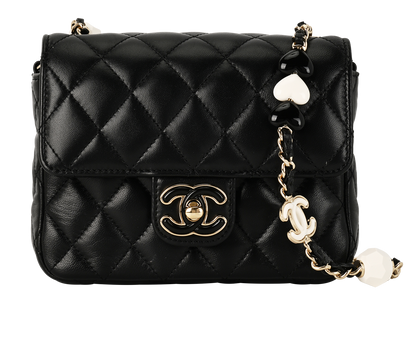 Heart Jeweled Chain Mini Flap, £3,900, Handbags, Black, Lambskin Leather, Front view